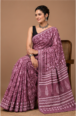 Pure Purple Handblock Print Cotton Mulmul Saree