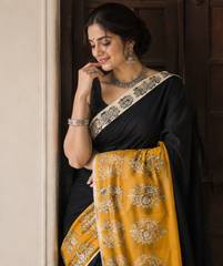 Pure Black Gold Handblock Print Cotton Mulmul Saree