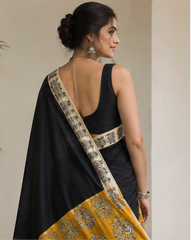 Pure Black Gold Handblock Print Cotton Mulmul Saree