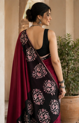 Pure Black Bush Handblock Print Cotton Mulmul Saree