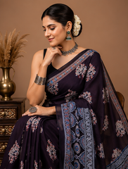Pure Black Handblock Print Cotton Mulmul Saree