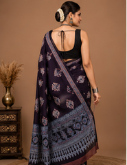 Pure Black Handblock Print Cotton Mulmul Saree