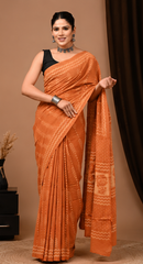 Pure Orange Handblock Print Cotton Mulmul Saree