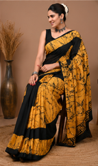 Pure Black-Yellow Handblock Print Cotton Mulmul Saree