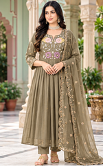 Women Grey Premium Mul Chanderi Embroidery Kurta Pant and Dupatta set