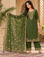 Women Green Premium Roman Silk Embroidery Kurta Pant and Dupatta set