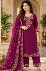 Women Magenta Premium Roman Silk Embroidery Kurta Pant and Dupatta set
