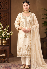Women Off-White Premium Roman Glass Embroidery Kurta Pant and Dupatta set