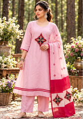 Women Pink Mul Chanderi Chokdi Embroidery Kurta Pant and Dupatta set