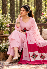 Women Pink Mul Chanderi Chokdi Embroidery Kurta Pant and Dupatta set