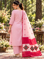 Women Pink Mul Chanderi Chokdi Embroidery Kurta Pant and Dupatta set