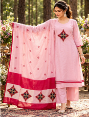 Women Pink Mul Chanderi Chokdi Embroidery Kurta Pant and Dupatta set