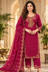 Women Pink Premium Roman Silk Embroidery Kurta Pant and Dupatta Set