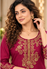 Women Pink Premium Roman Silk Embroidery Kurta Pant and Dupatta Set