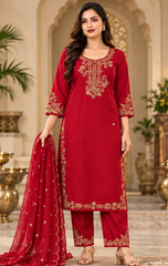 Women Red Premium Roman Silk Embroidery Kurta Pant and Dupatta set