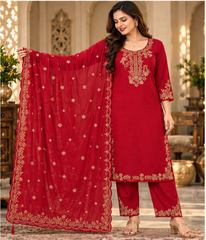 Women Red Premium Roman Silk Embroidery Kurta Pant and Dupatta set