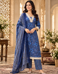 Women Navy Blue Cotton Neck line Border Kurta Pant and Dupatta set