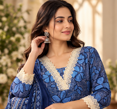 Women Navy Blue Cotton Neck line Border Kurta Pant and Dupatta set