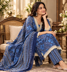 Women Navy Blue Cotton Neck line Border Kurta Pant and Dupatta set