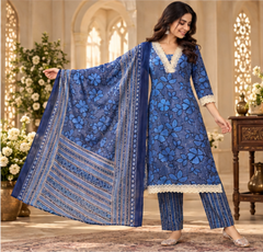 Women Navy Blue Cotton Neck line Border Kurta Pant and Dupatta set