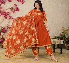 Women Premium Rust Cotton Embroidery Kurta Pant and Dupatta set