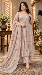 Women Premium Grey Mul Chanderi Embroidery Kurta Pant and Dupatta set