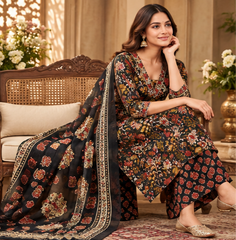 Women Premium Black Cotton Kurta Pant and Dupatta set