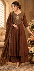Women Premium Coffee Mul Chanderi Intricate Embroidery Kurta Pant and Dupatta set