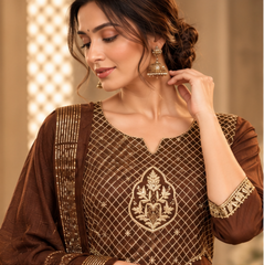Women Premium Coffee Mul Chanderi Intricate Embroidery Kurta Pant and Dupatta set