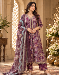 Women Premium Plum Purple Roman Silk Neck Line Embroidery Kurta Pant and Dupatta set