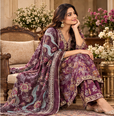 Women Premium Plum Purple Roman Silk Neck Line Embroidery Kurta Pant and Dupatta set