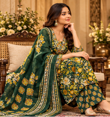 Women Premium Mehndi Cotton Kurta Pant and Dupatta set