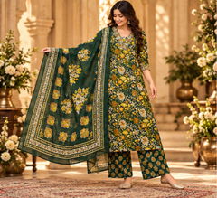 Women Premium Mehndi Cotton Kurta Pant and Dupatta set