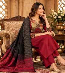 Women Premium Maroon Cotton Patch Work Kurta Pant and Dupatta set