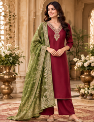 Women Premium Maroon Tone Roman Silk Embroidery Kurta Pant and Dupatta set