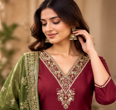 Women Premium Maroon Tone Roman Silk Embroidery Kurta Pant and Dupatta set