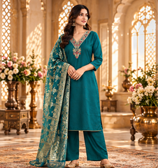 Women Premium Dark Rama Tone Roman Silk Jacqaurd Chunni Kurta Pant and Dupatta set