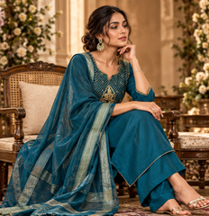 Women Premium Navy Blue Mul Chanderi Embroidery Kurta Pant and Dupatta set