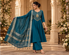 Women Premium Navy Blue Mul Chanderi Embroidery Kurta Pant and Dupatta set