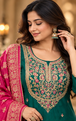 Women Premium Rama Green Roman Silk Embroidery Kurta Pant and Dupatta set