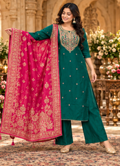 Women Premium Rama Green Roman Silk Embroidery Kurta Pant and Dupatta set