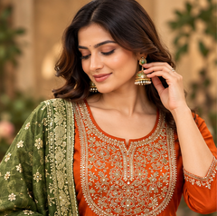 Women Premium Rust Roman Silk Embroidery Kurta Pant and Dupatta set