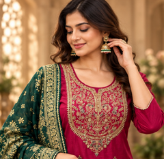 Women Premium Raspberry Rani Roman Silk Embroidery Kurta Pant and Dupatta set