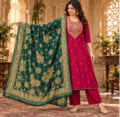 Women Premium Raspberry Rani Roman Silk Embroidery Kurta Pant and Dupatta set