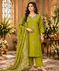 Women Premium Chutney Green Roman Silk Jacquard Butti Kurta Pant and Dupatta set