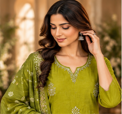Women Premium Chutney Green Roman Silk Jacquard Butti Kurta Pant and Dupatta set