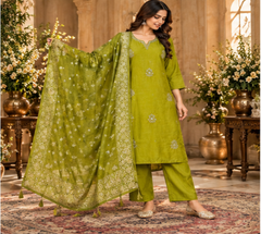 Women Premium Chutney Green Roman Silk Jacquard Butti Kurta Pant and Dupatta set