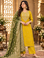 Women Premium Mustard Roman Silk Embroidery Kurta Pant and Dupatta set