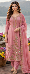 Women Premium Mauve Mul Chanderi Embroidery Kurta Pant and Dupatta set