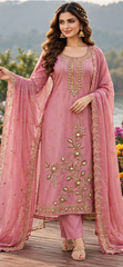 Women Premium Mauve Mul Chanderi Embroidery Kurta Pant and Dupatta set